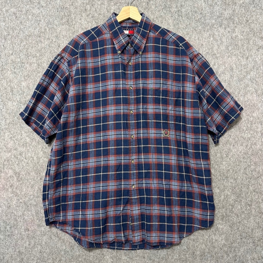 Vintage Tommy Hilfiger Crest Men's Plaid Button Down‎ Shirt Size L Short Sleeve